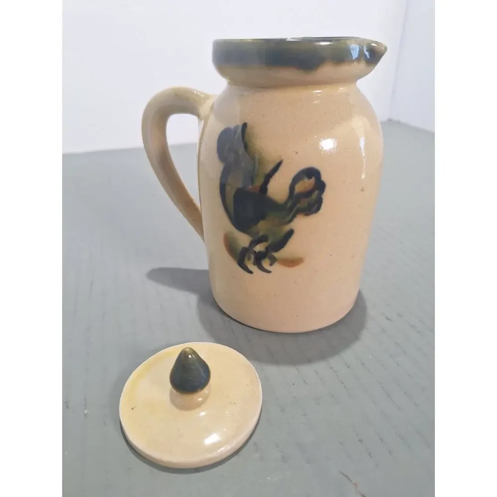 Vintage Watt Style Rooster Syrup Pitcher Yellowware Pottery Lid USA - Amazing!